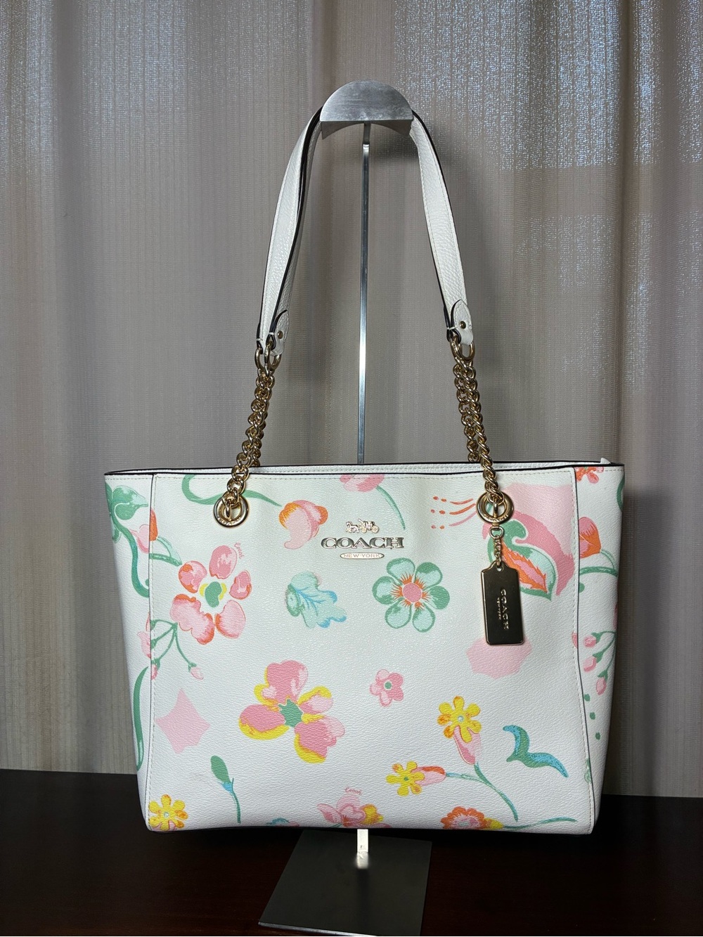 Coach Floral Print White Leather Tote Bag